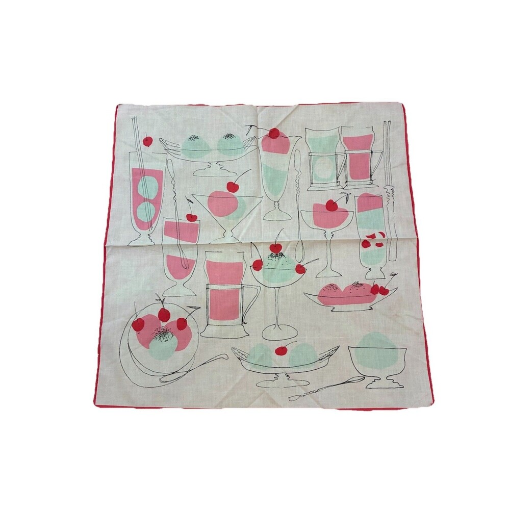 Vintage Cotton Napkins Retro Ice Cream Dessert Cherries Set Of 2 Pink 22”x 22”